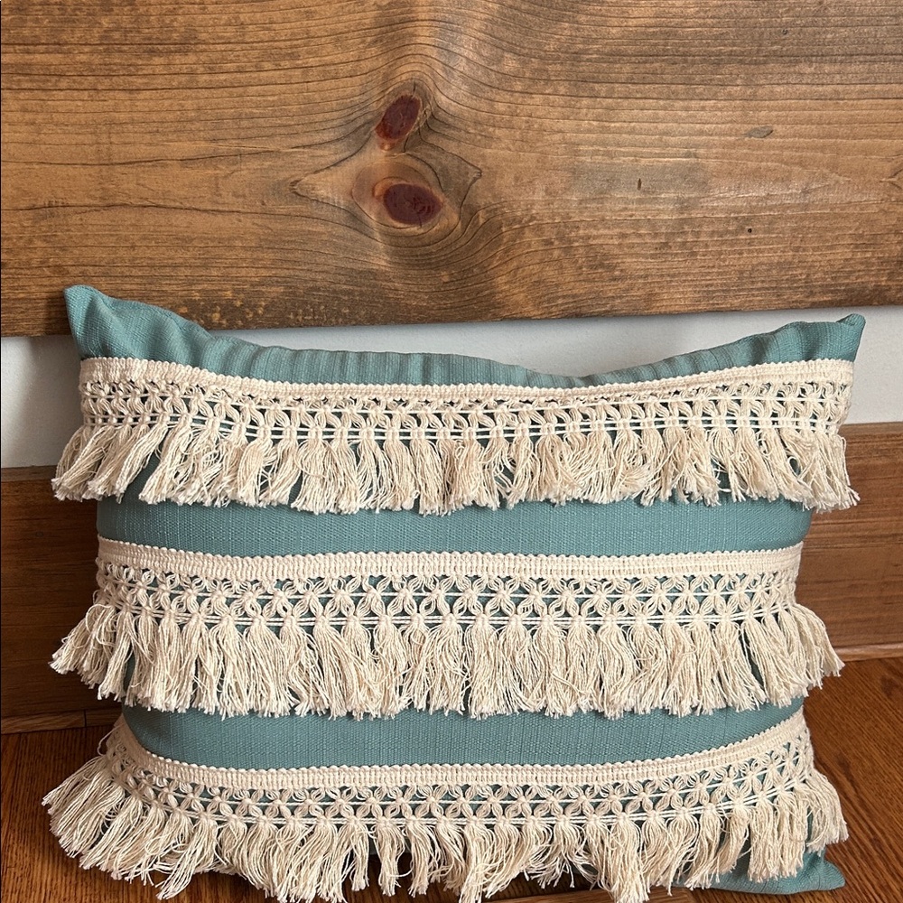 Boho Teal and Cream Decorative Pillow with Fringe 18x13 inches Crochet Lace - Picture 1 of 9
